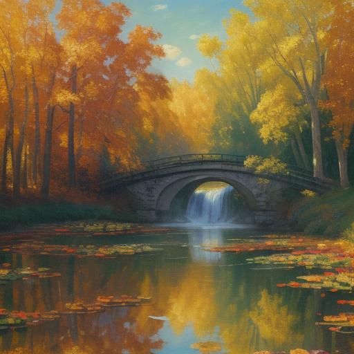 Golden Autumn Landscape with Swirling Leaves as Impressionis...