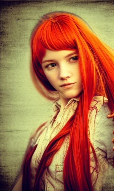 Photorealistic Woodcut of a Red-Haired Cowgirl