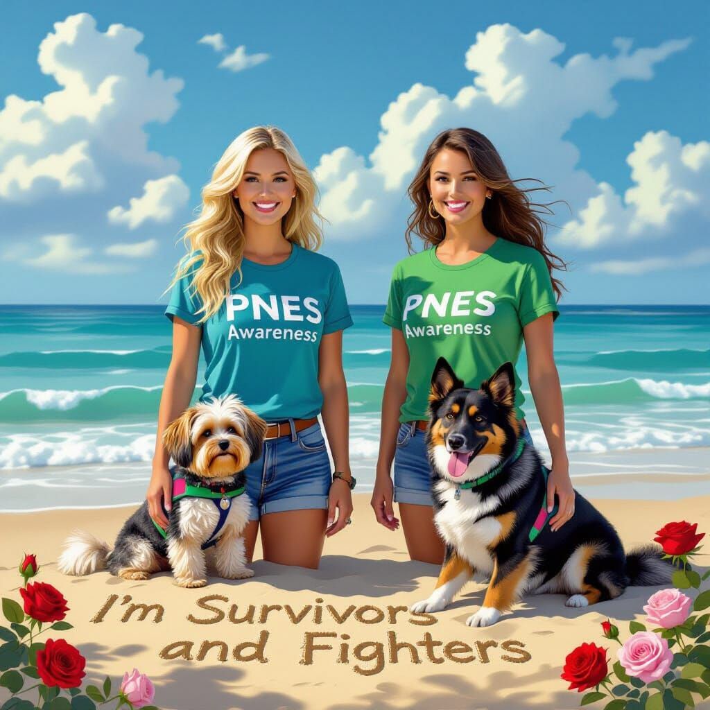 PNES Awareness: Women Stand with Service Dogs on Shore