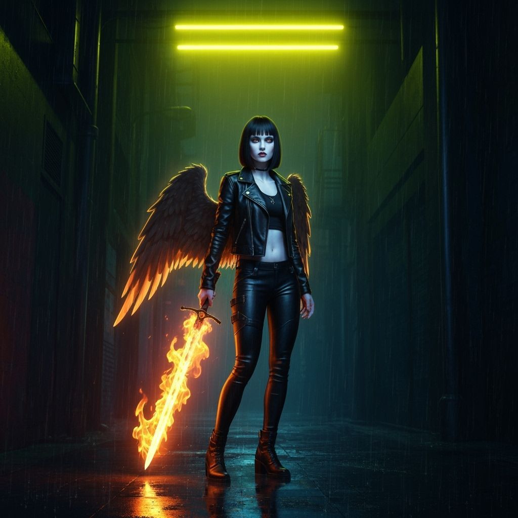 Cyberpunk Angel with Flaming Sword in Neon Alley