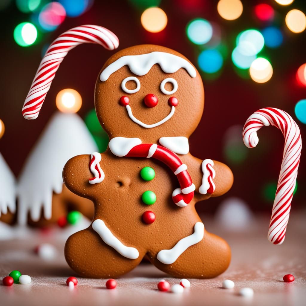 Gingerbread Man with Candy Cane in North Pole