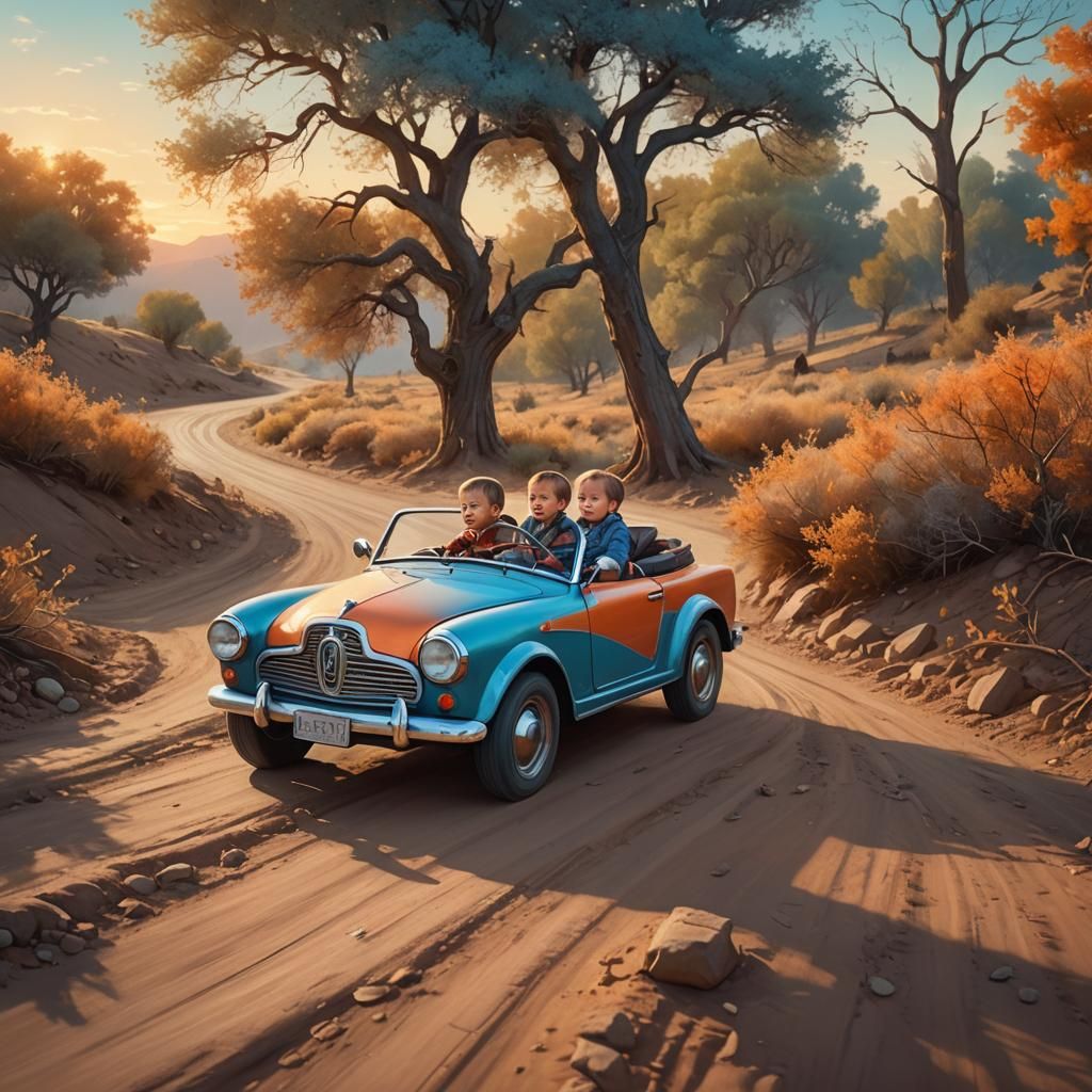 Babies Drive Vintage Car on Dirt Road