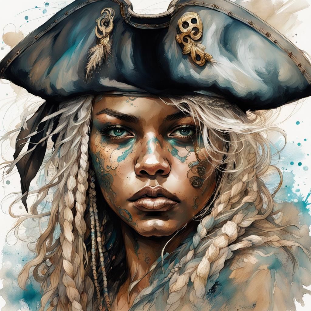 Ornate Portrait of a Female Pirate in Splash Art Style