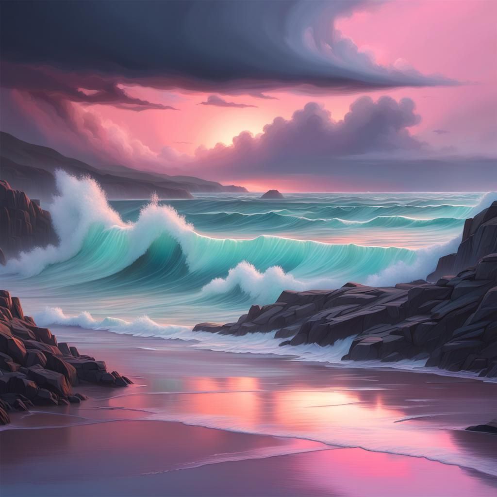 Stormy Coast at Dawn in Pastel Colors