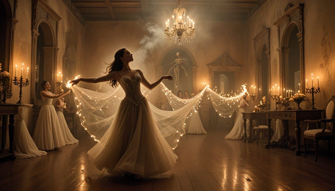Dancer and Skeleton in Enchanted Ballroom, Candlelit Surreal...