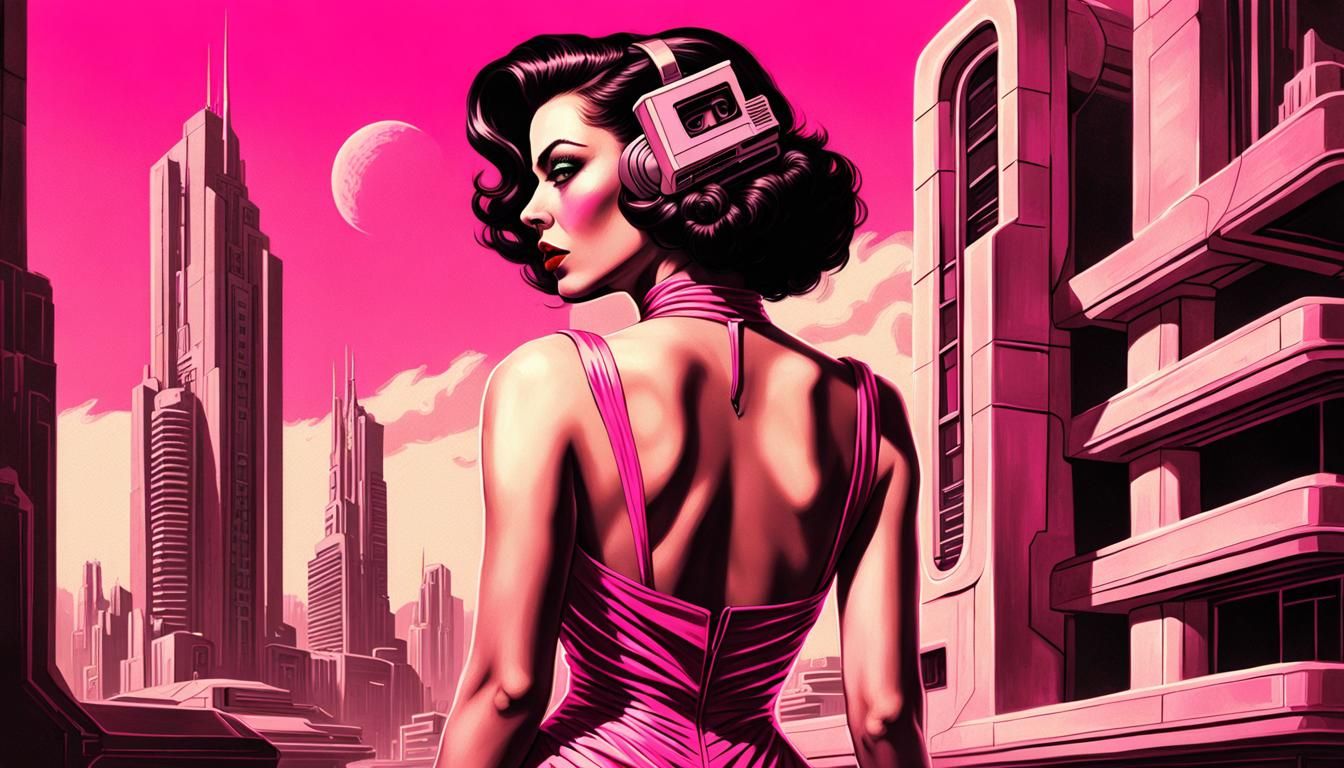 Sepia Pinup Girl in Cassette Futurism Style