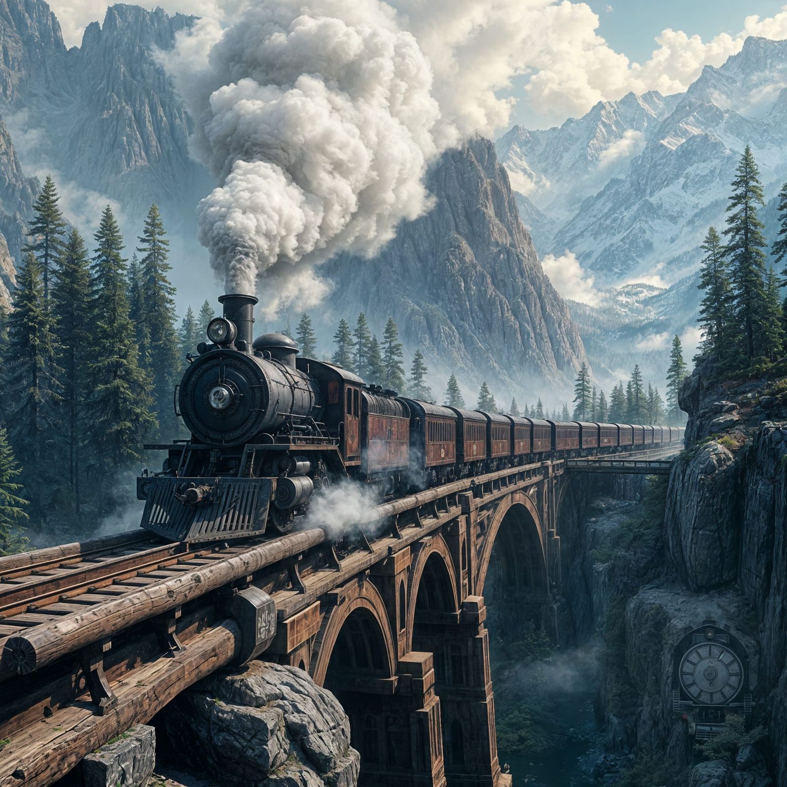 Detailed Steam Train on Wooden Bridge in Mountains