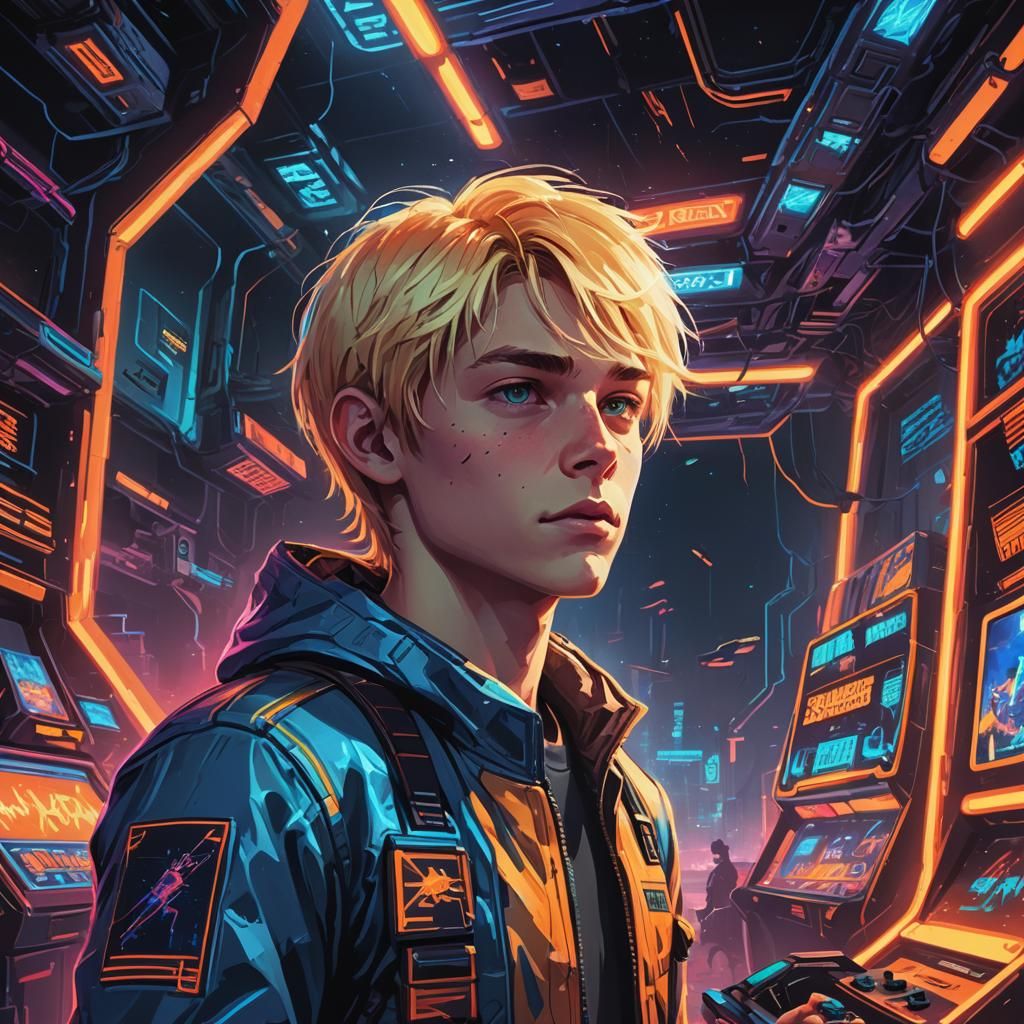 Neon Arcade Boy: Cinematic Sci-Fi Concept Art