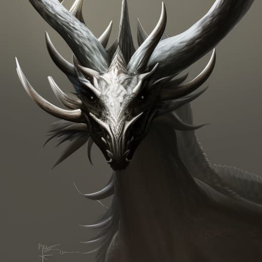 Silver Dragon Portrait with Antler Horns
