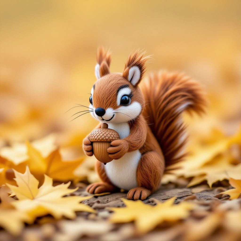 Tiny Felt Squirrel with Acorn in Autumn