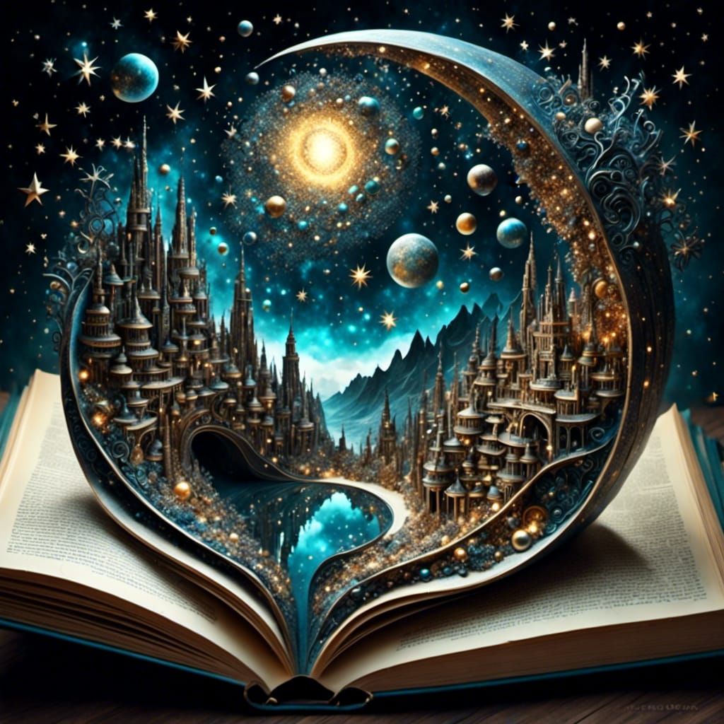 Cosmic World Emerges from Book: Hyperdetailed Starry Scene