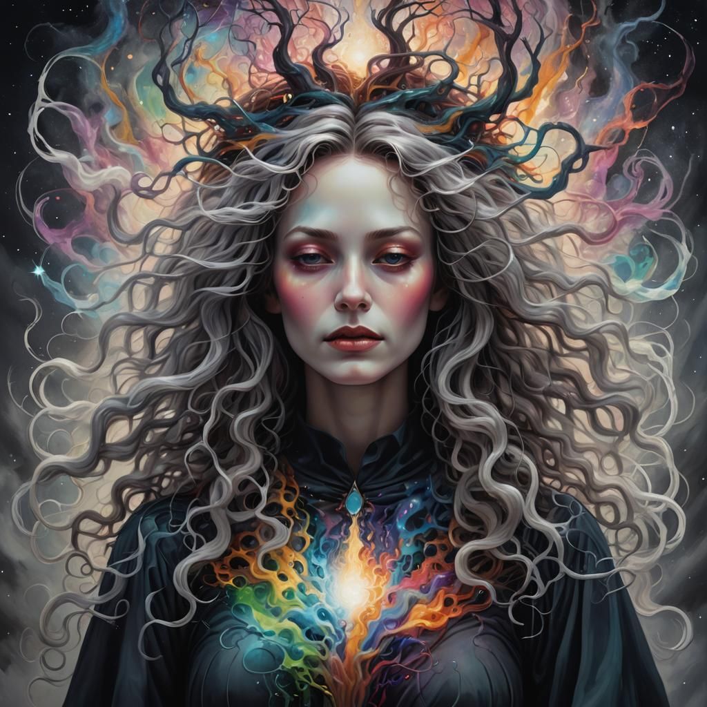 Witch with lightning in the background