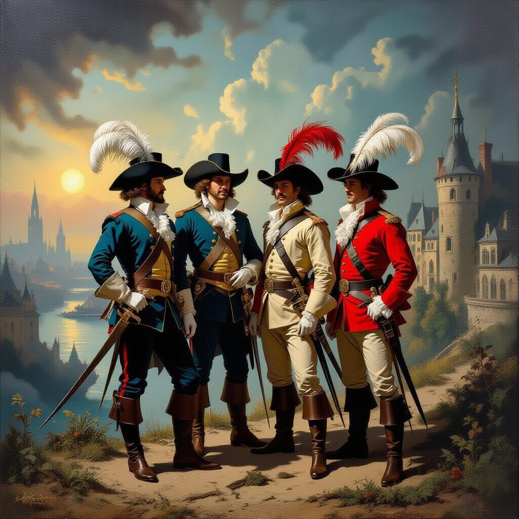 Surreal Musketeers in Dreamlike Parisian Landscape Painting