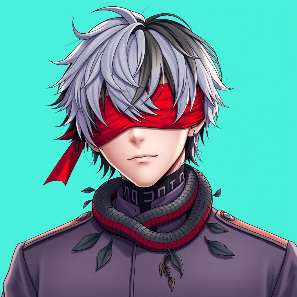 Mysterious Young Man in Electric Teal Uniform with Snake Tat...