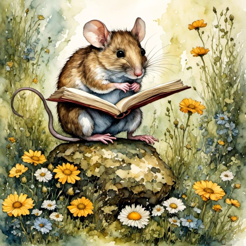 Adorable Mouse Reading Book on Toadstool, Storybook Illustra...