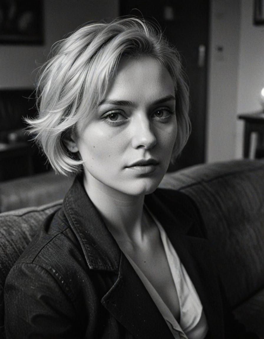 Moody Black and White Portrait of a Woman in a Gritty Living...