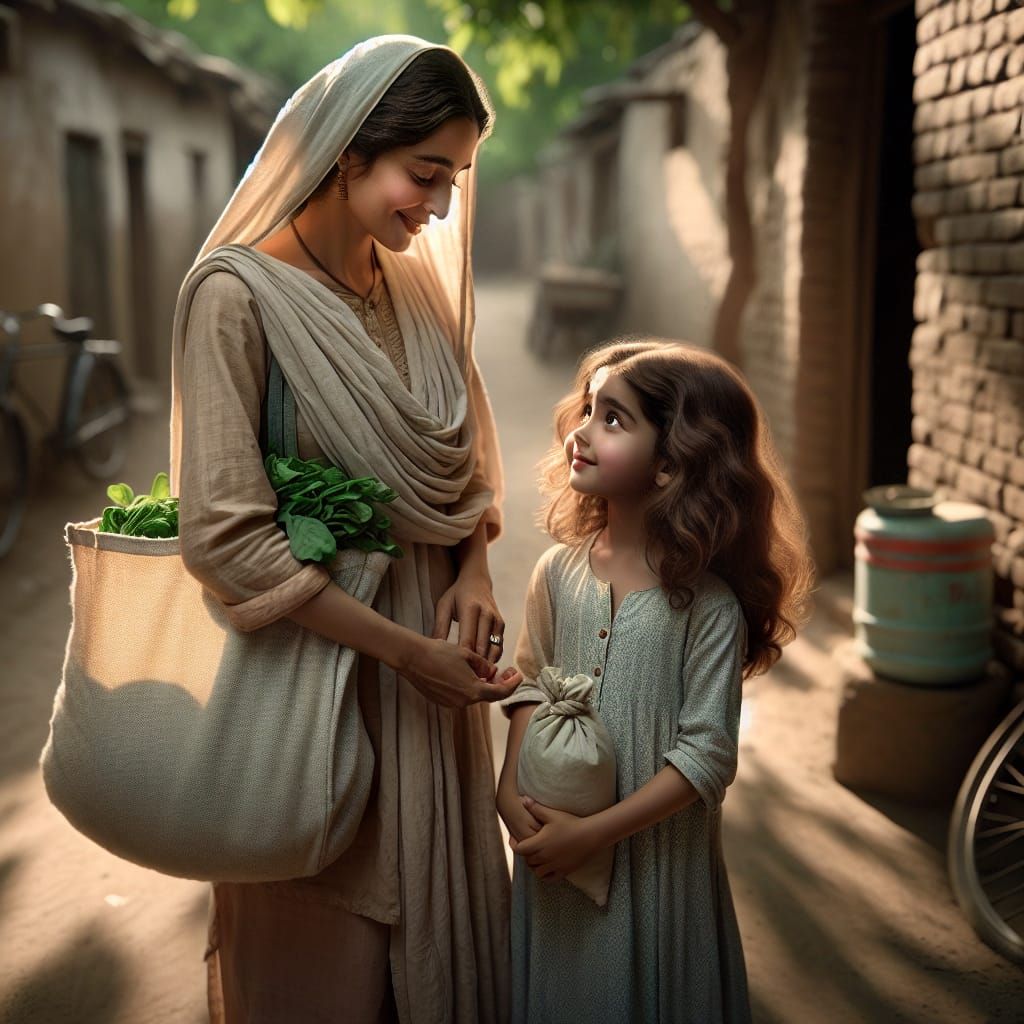 South Asian Mother and Daughter in Village Lane