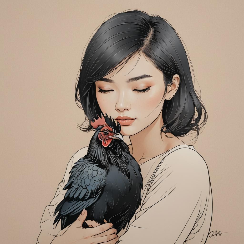 Girl with Rooster: Minimalist Japandi Line Art