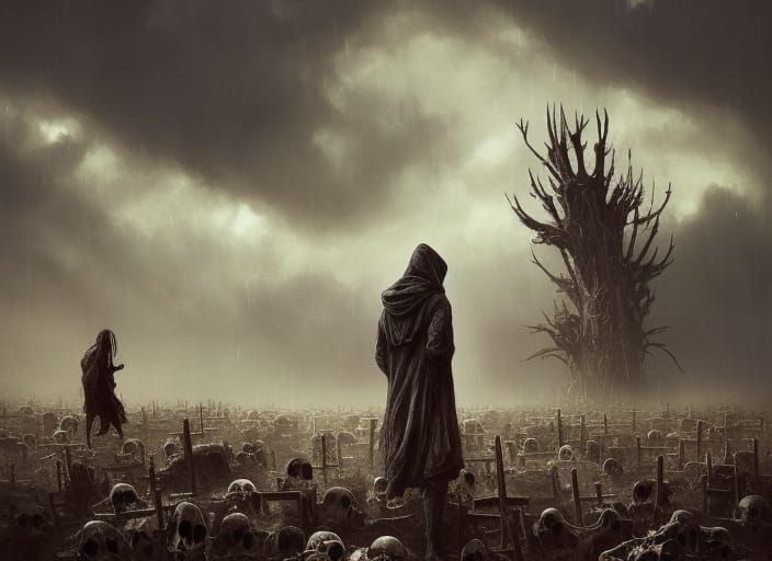 Hooded Figure in Wasteland Boneyard Watercolor