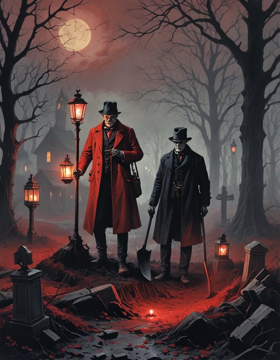 Gothic Victorian Graverobbers in Foggy Night