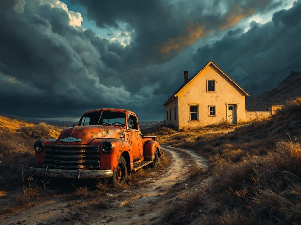 Hyper-Realistic, Golden Hour Landscape with Abandoned Truck