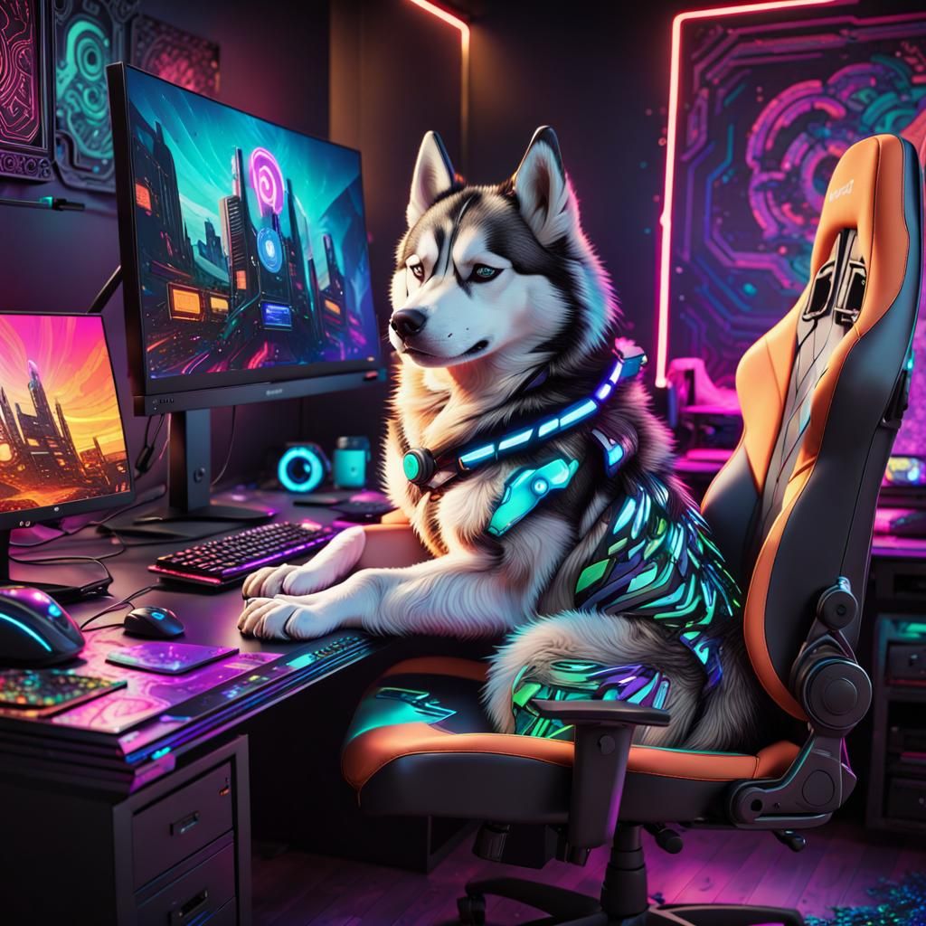Cyberpunk PC Setup with Sleeping Husky