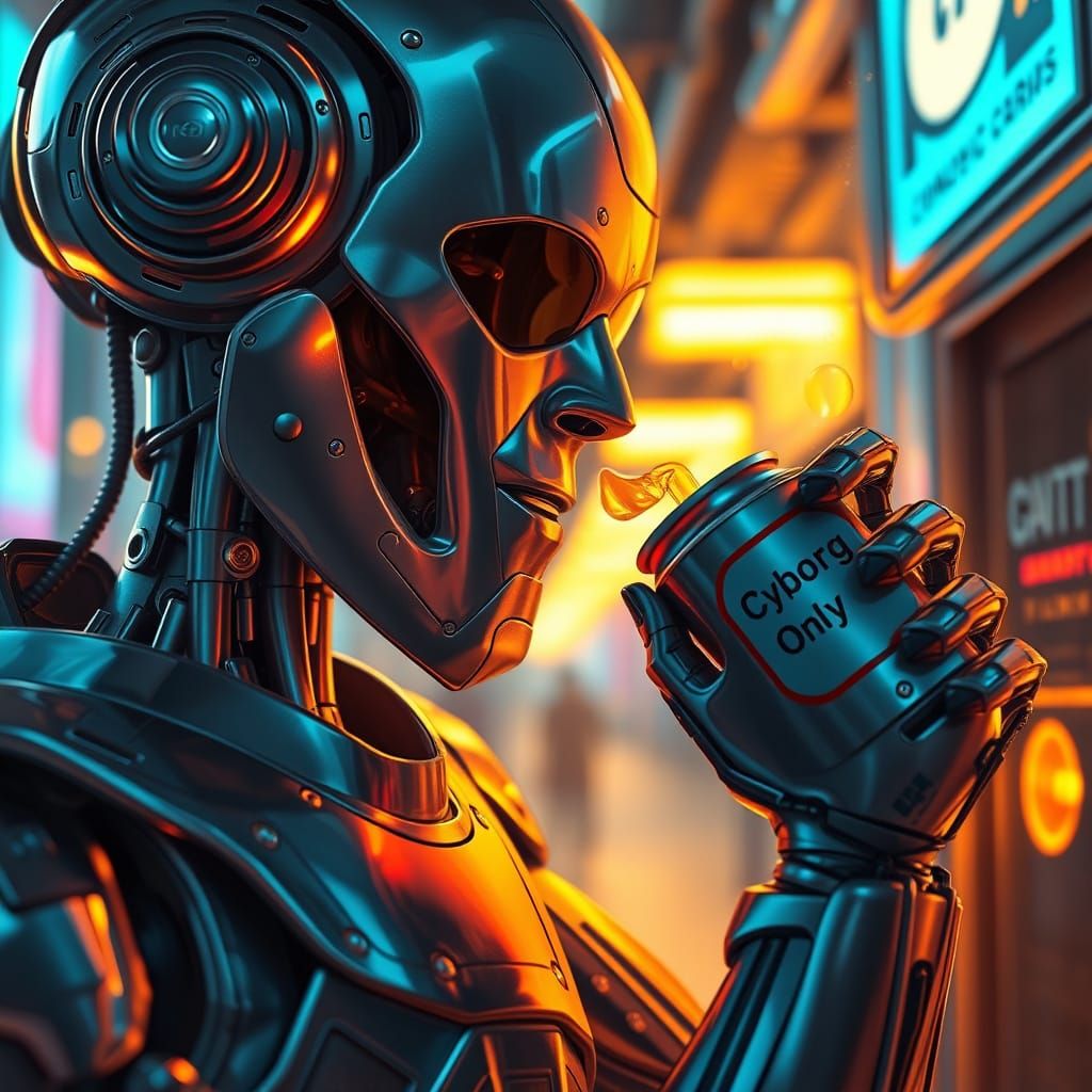 Cyborg drinks canned oil  in metropolis.