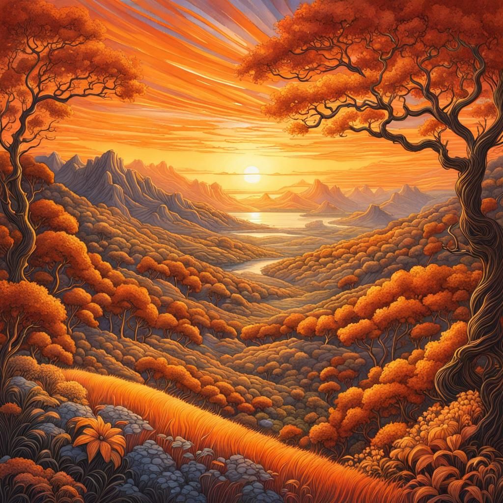 Orange Fantasy Landscape Sunrise in Watercolor Style