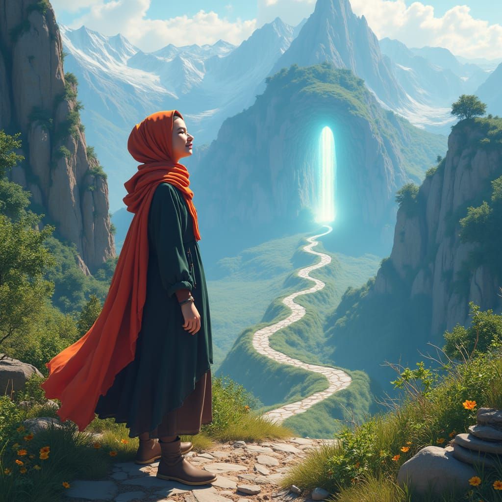 Woman in Hijab at Mountain Portal: Fantasy Concept Art