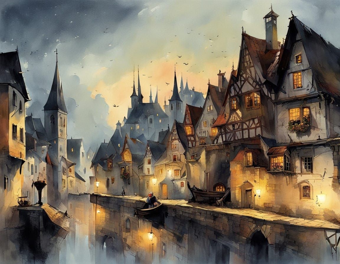 Medieval Townscape Illuminated by Evening Sunlight