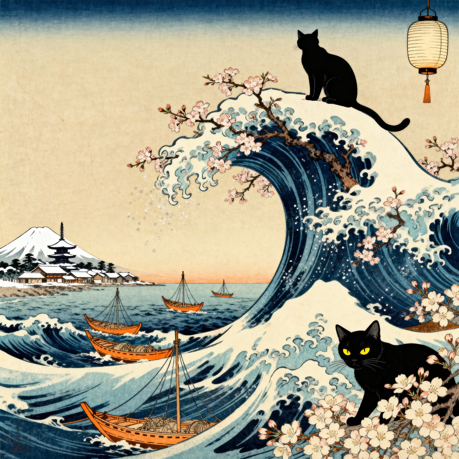 Gigantic Ocean Wave with Cats and Cherry Blossoms in Woodblo...
