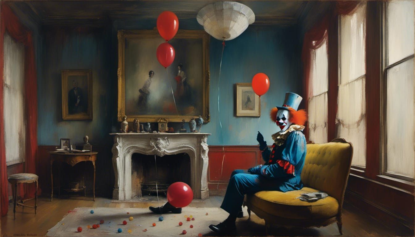 Dystopian Clown with Red Balloon in Surreal Style