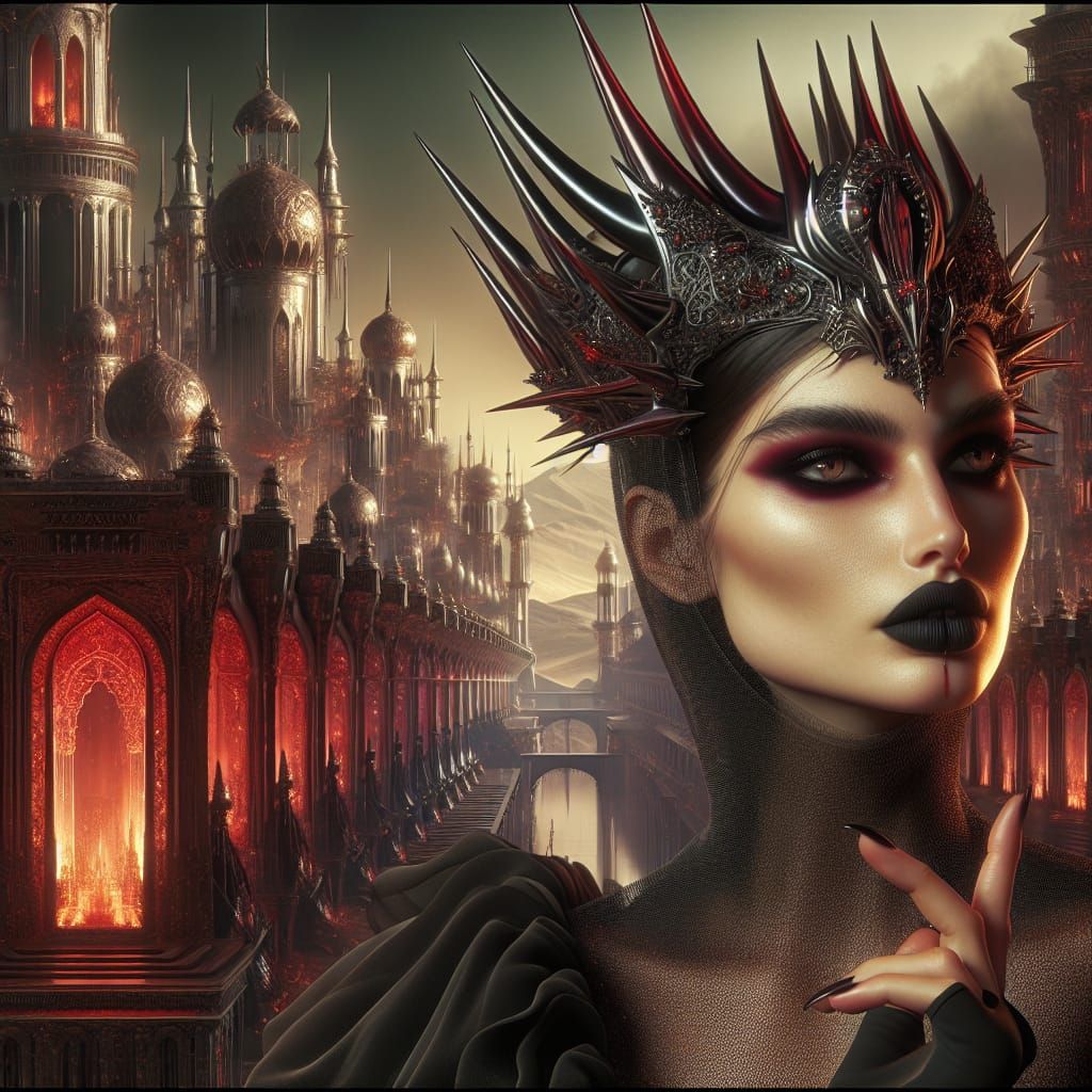 Ethereal Arabesque Vampire Queen Amidst Futuristic Metropoli...
