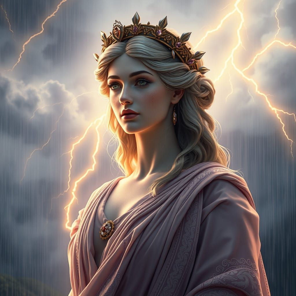 Greek Goddess in Enchanting Rainy Landscape with Ethereal St...