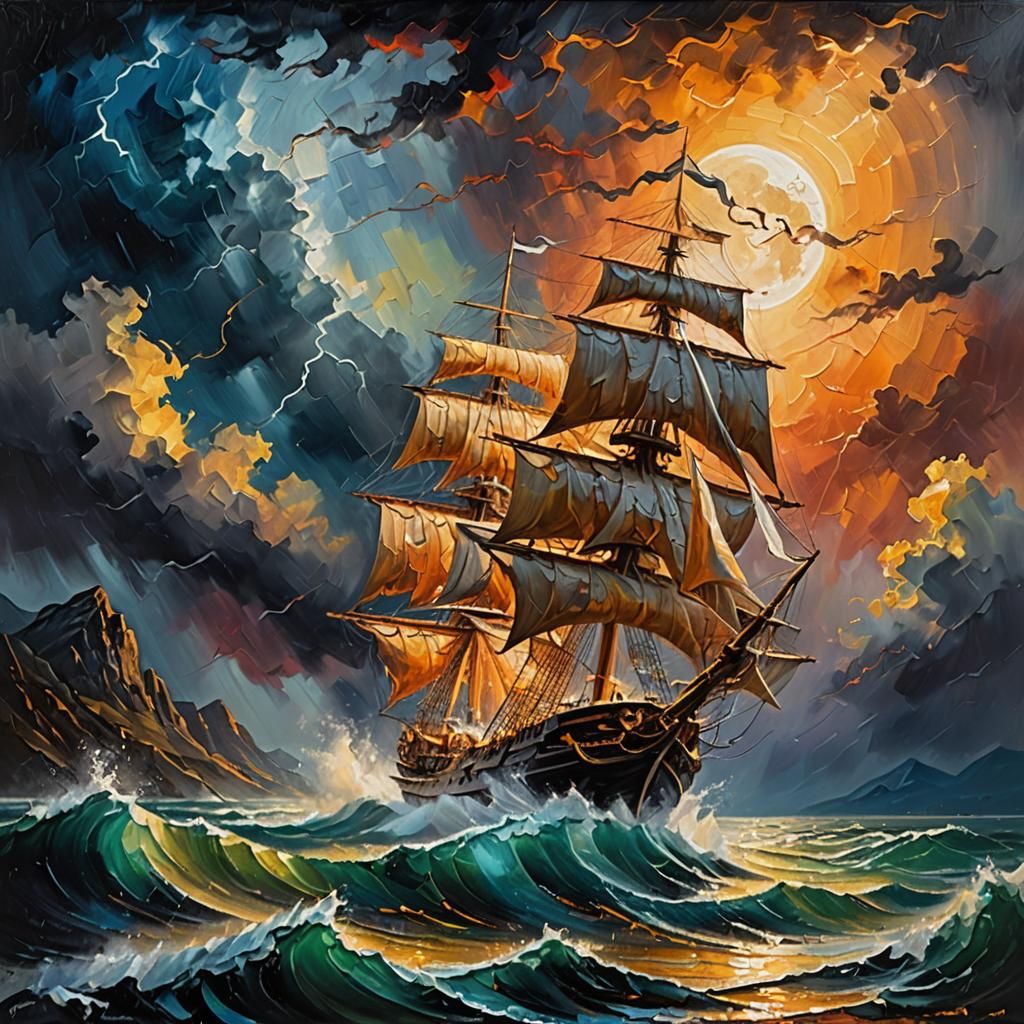 Stormy Seas: Impasto Oil Painting of Sailing Ship
