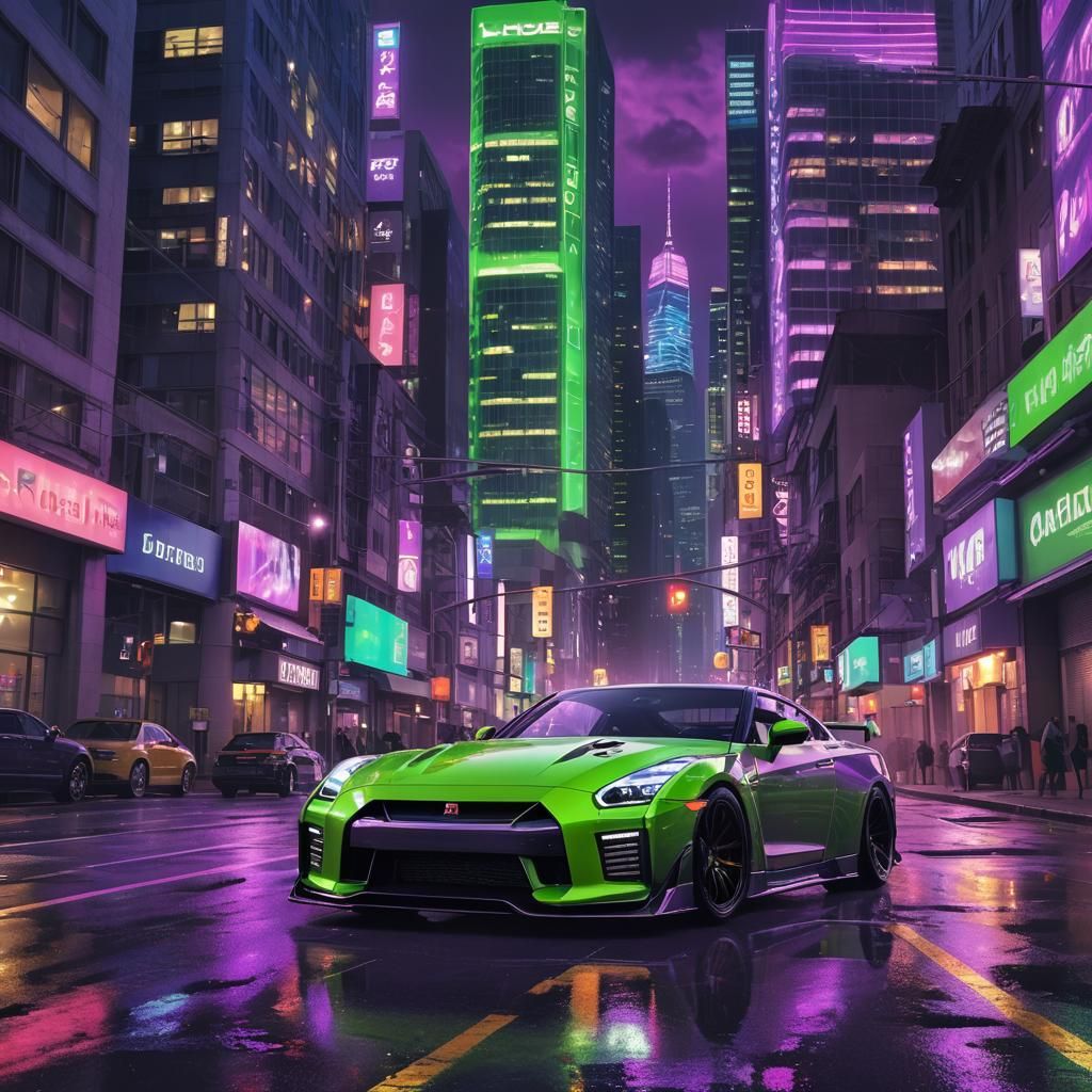 GTR R35 in Neon Cityscape, Cyberpunk Style