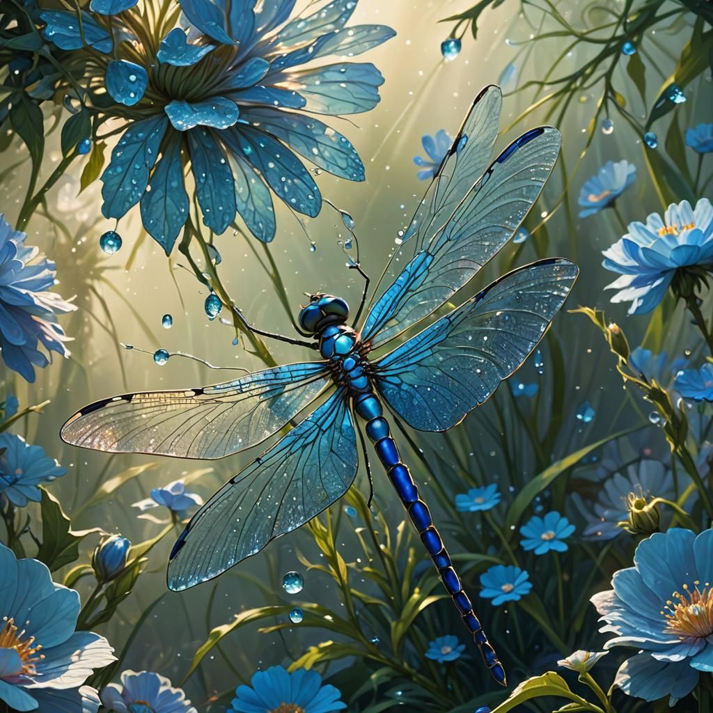 Iridescent Dragonfly Above Cerulean Flower, Dark Fantasy Art