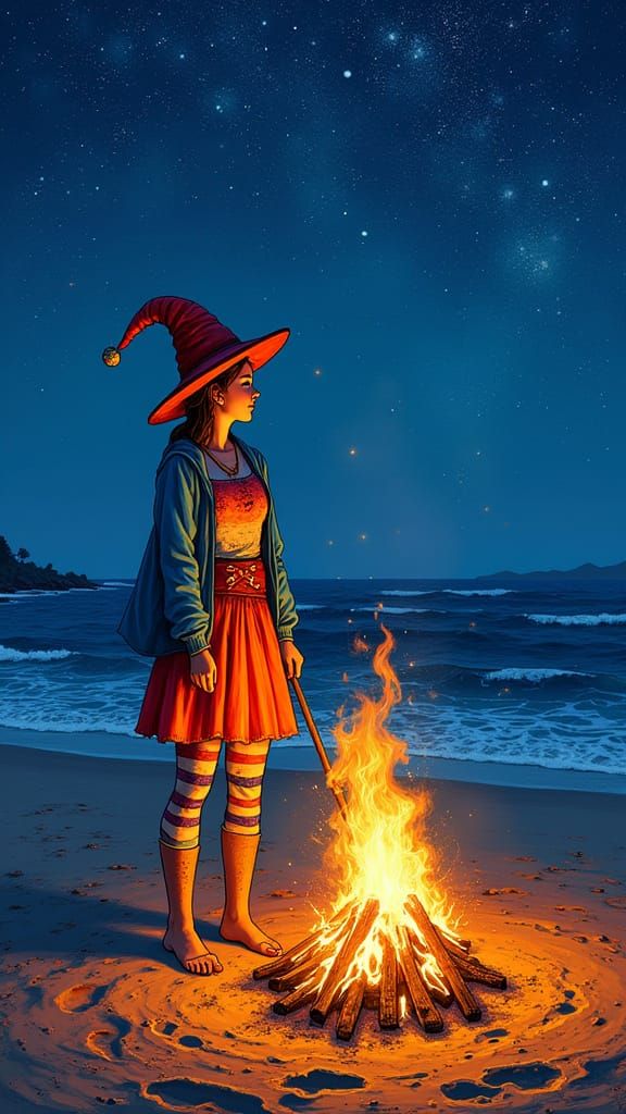 Jester Shinobi Bonfire Portrait in Fauvist Style