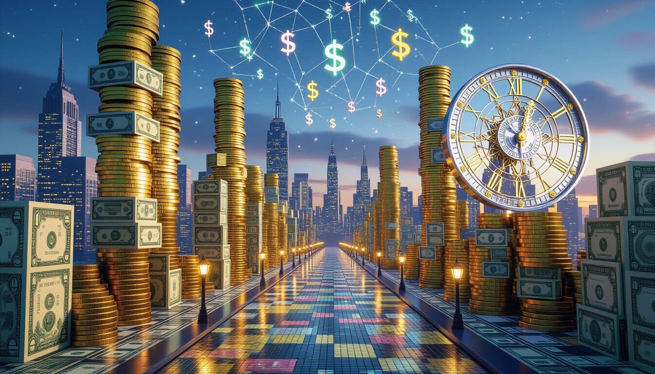 Surreal Coin Cityscape with Giant Clock