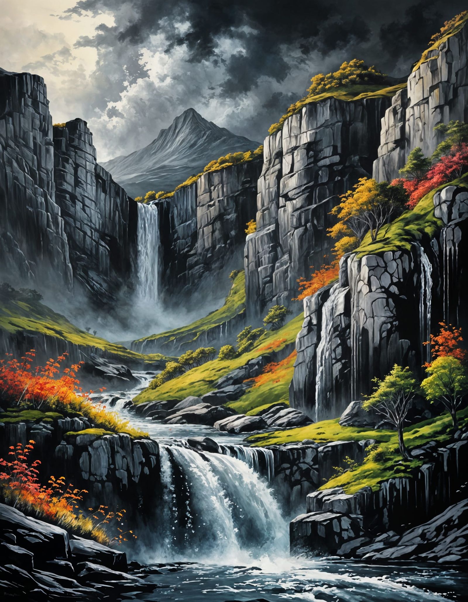 Vibrant Waterfall Landscape in Oil Painting Style