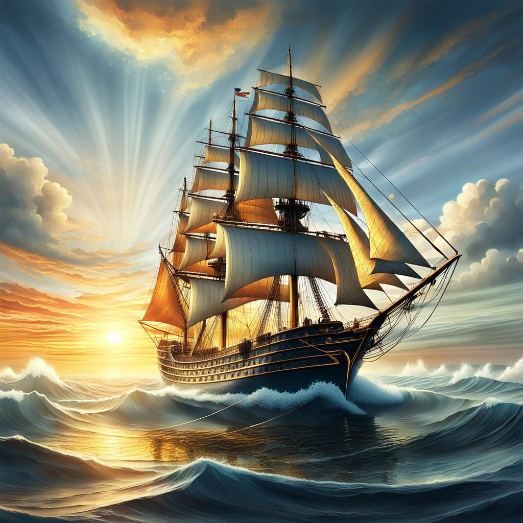 Majestic Sailing Ship at Sunrise: Digital Matte Painting