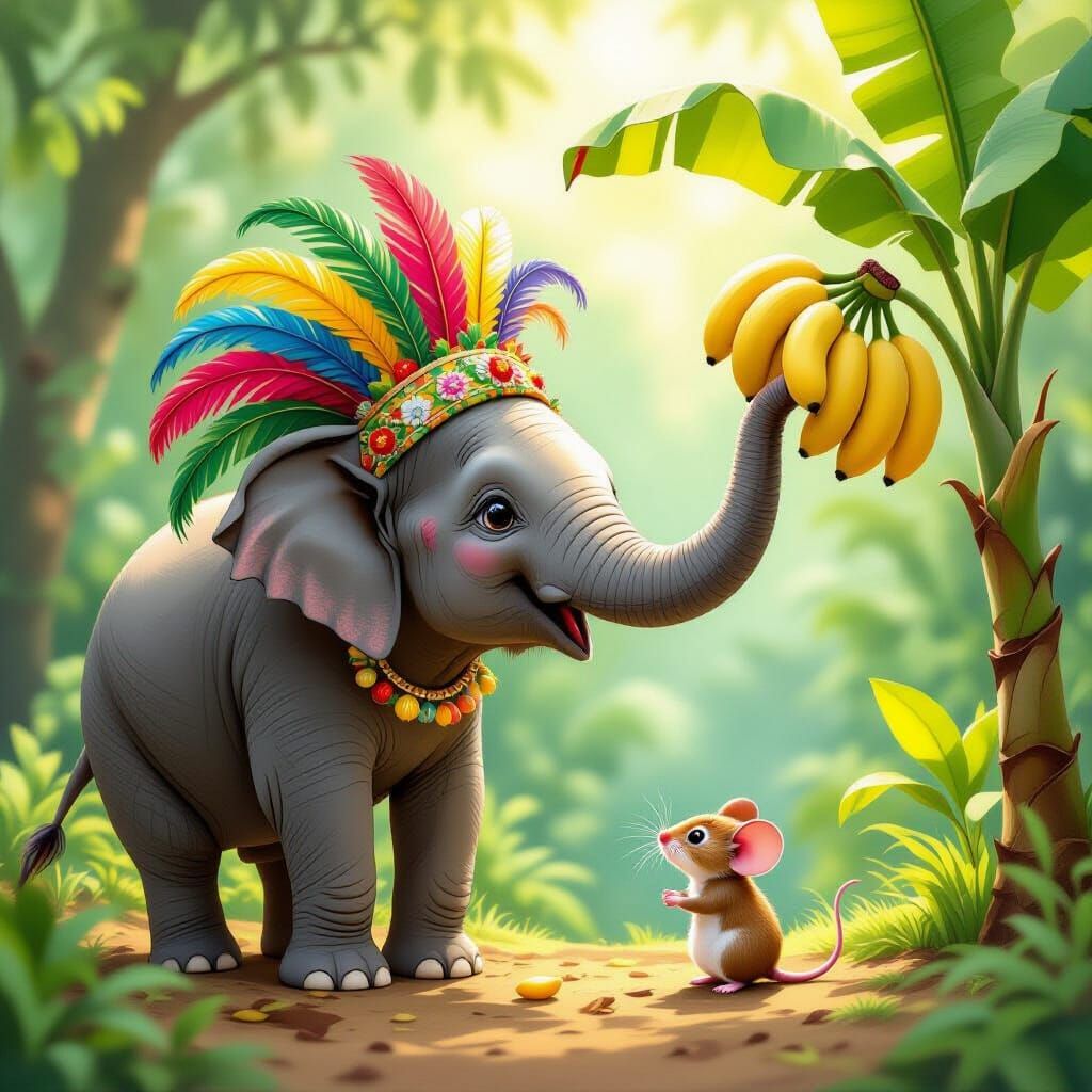 Elephant Shares Bananas With Tiny Mouse in Whimsical Style