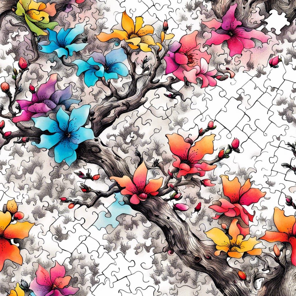 Detailed Ink Drawing of Japanese Flower Puzzle