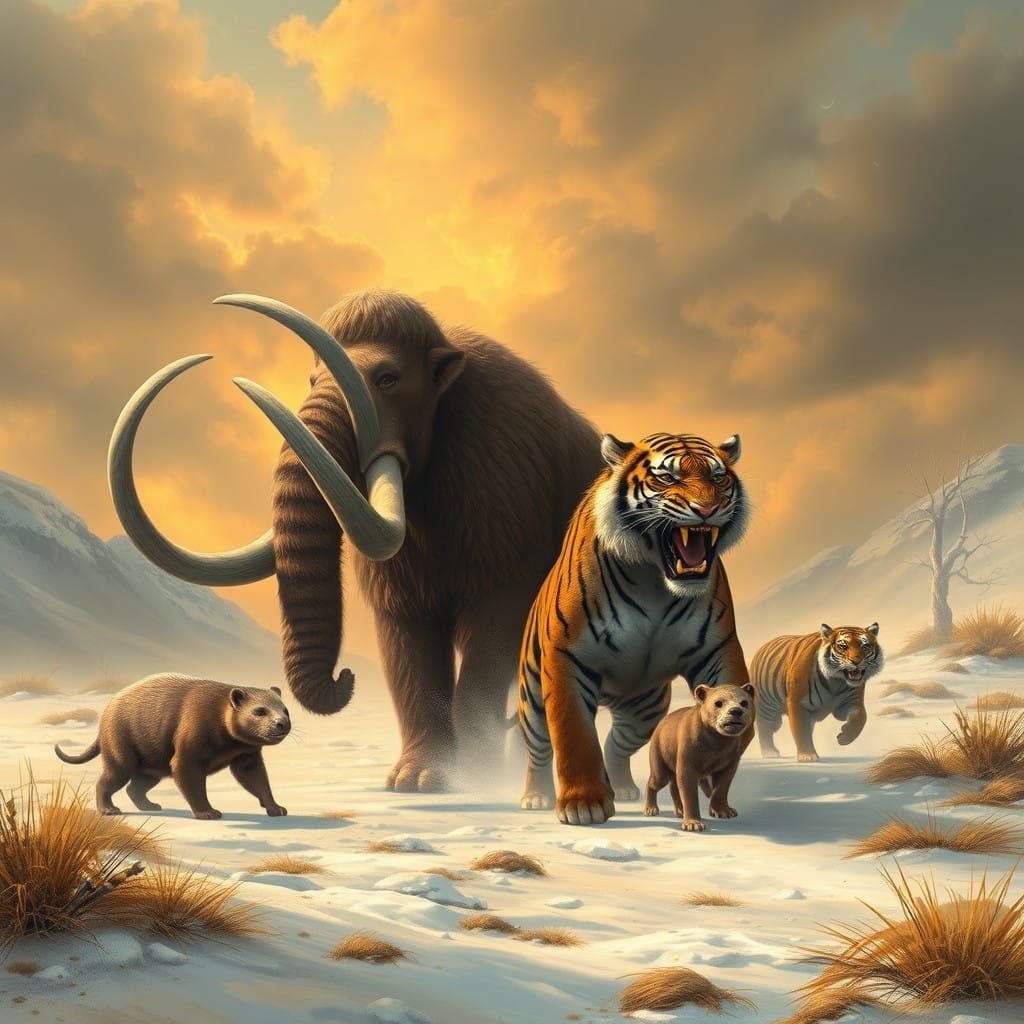 Prehistoric Creatures Fleeing the Dying Ice Age in a Futuris...