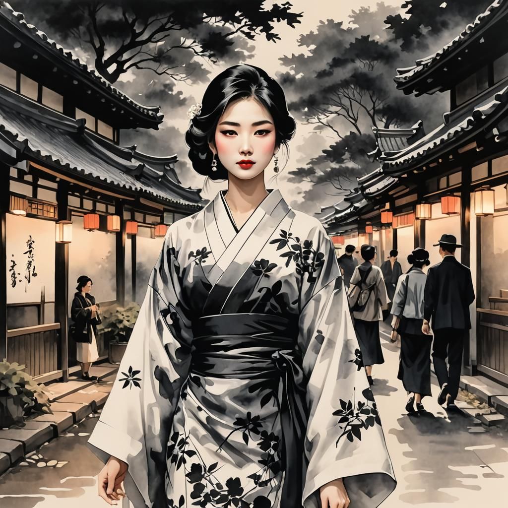 Sumi-e Painting of a Beautiful Japanese Woman
