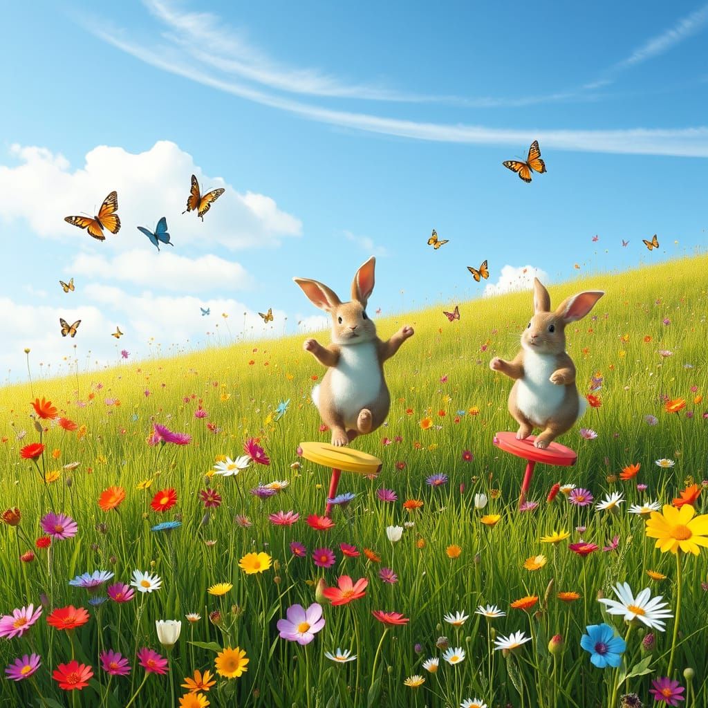 A meadow filled with wildflowers and butterflies under a clear sky.
Plus Ultra! with bunnies on pogo sticks