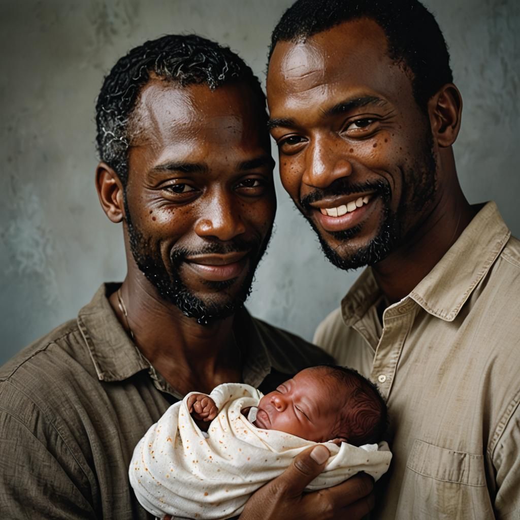 Loving Family Portrait of Two Fathers and Newborn