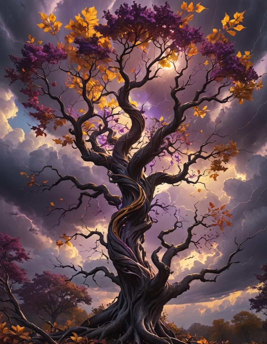 Dramatic Dark Fantasy Tree with Sweeping Leaves