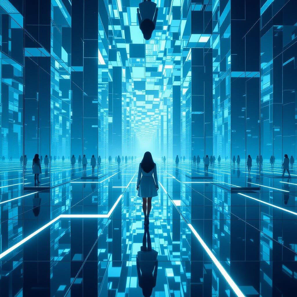 Woman Navigating Infinite Mirror Maze in Futuristic Style