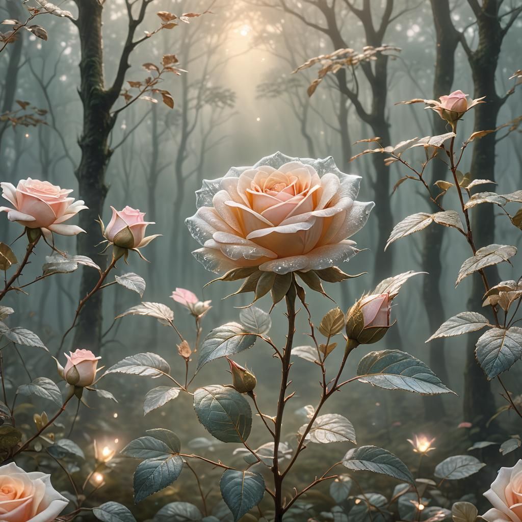 Ethereal Crystal Rose in Misty Forest